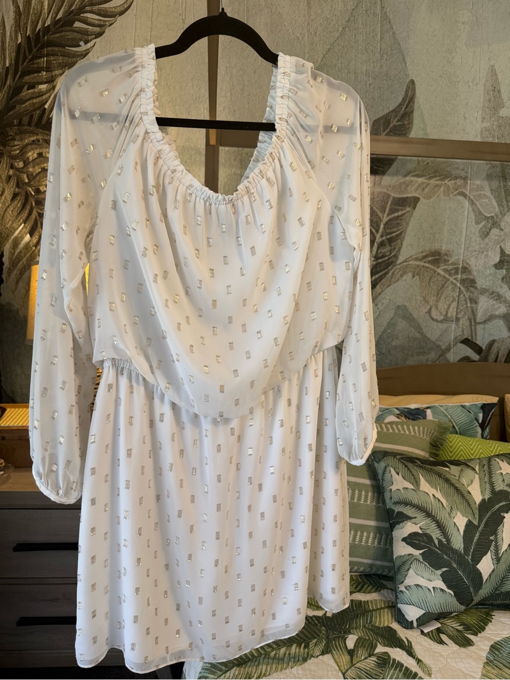 Women's White and Gold Metallic Dot Long Sleeve Dress
